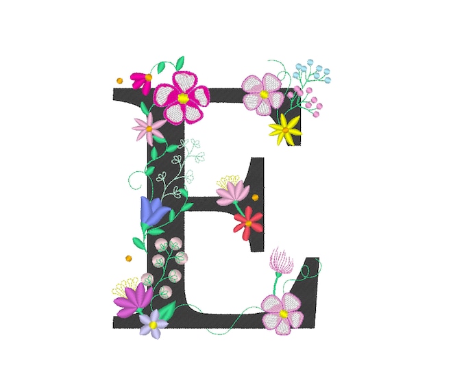 Floral letter E garden flag monogram lace swirl flowers block font and mini Font machine embroidery design monogram E only 4, 5, 6 and 8 in