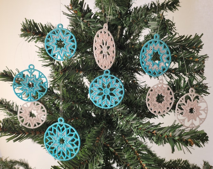 Christmas Tree Ornaments FSL free standing lace SET of 5 lace Snowflake decoration machine embroidery designs assorted sizes classic shape