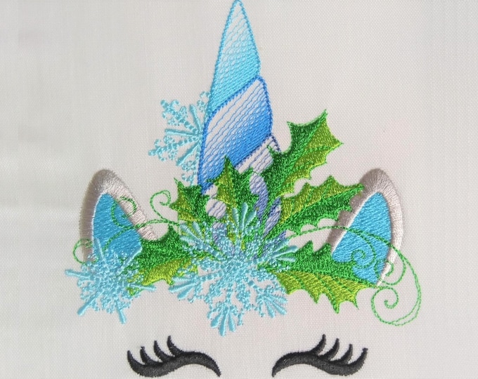 Christmas Unicorn head with floral crown fill stitch machine embroidery designs unicorn face with snowflakes Merry Christmas