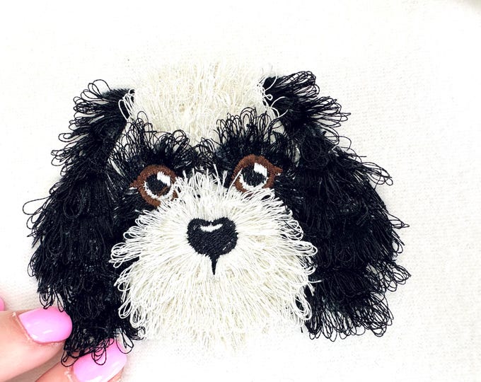 Fringed Fluffy Puppy Shih Tzu face pet adorable little dog head fur chenille fringe machine embroidery designs sizes 3 up to 4.5 inch