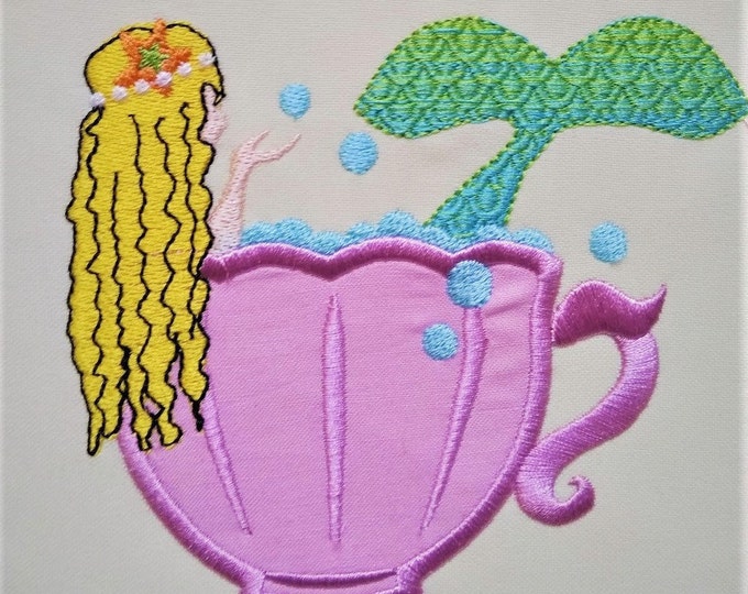 Mermaid in the cup, machine embroidery applique designs assorted sizes 4x4 and 5x7