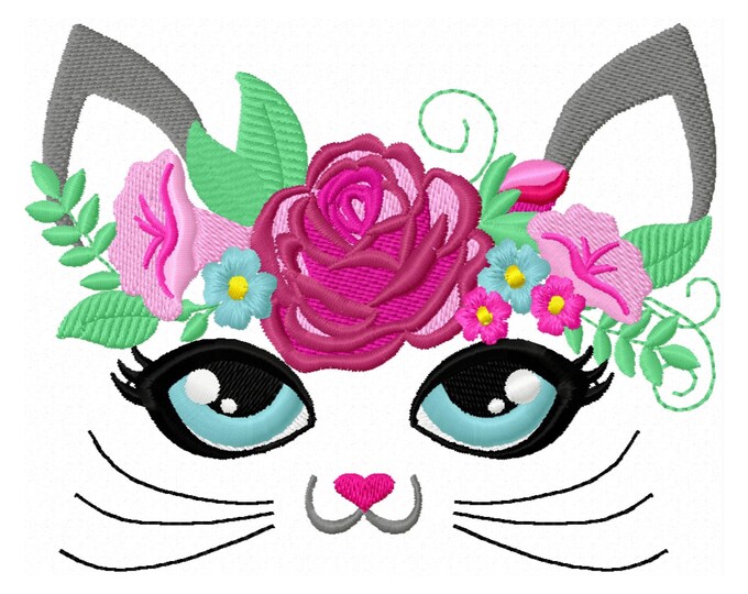 Kitty face with shabby chic rose floral crown fill stitch machine embroidery designs cute cat head kitty girls