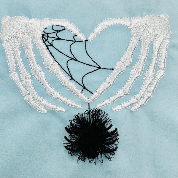 Halloween spooky skeleton hands heart machine embroidery designs with Mini fringed Spider on web fringe in the hoop ITH fur chenille fluffy