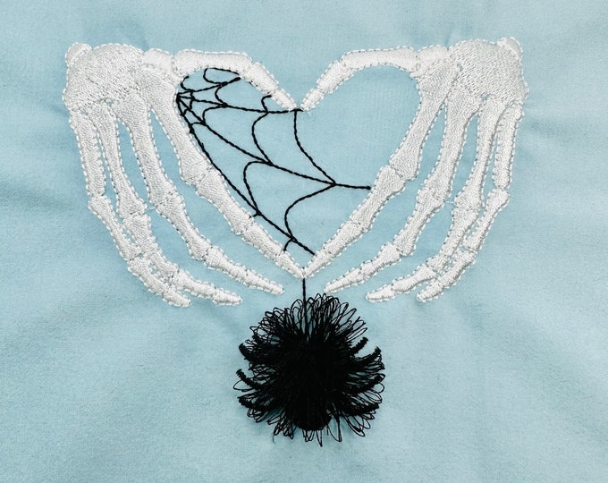 Halloween spooky skeleton hands heart machine embroidery designs with Mini fringed Spider on web fringe in the hoop ITH fur chenille fluffy