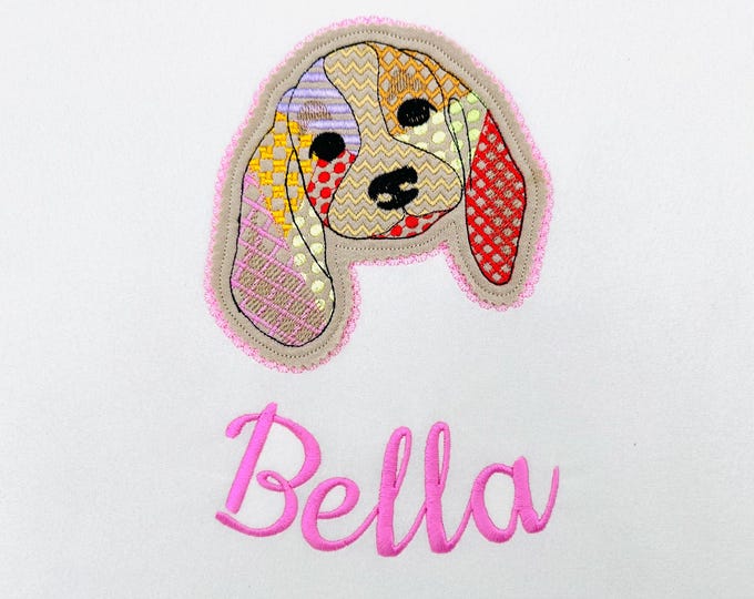Basset Hound Applique Patchwork and Lace Edge patterned Puppy pet machine embroidery designs many sizes 4 up to 8 inches dog outline