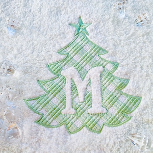 Gingham Plaid Monogram Christmas tree shape frame embossed initial letters A-Z machine embroidery designs for hoop 4x4, 5x7 towel gift idea