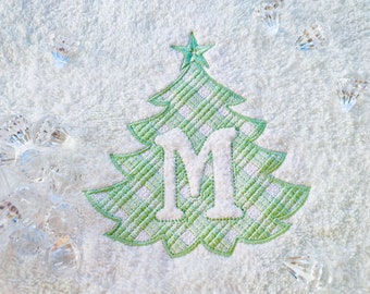 Gingham Plaid Monogram Christmas tree shape frame embossed initial letters A-Z machine embroidery designs for hoop 4x4, 5x7 towel gift idea