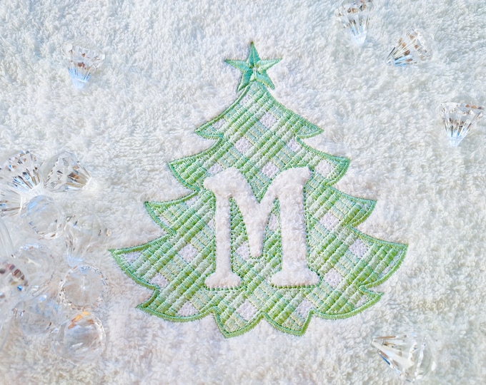 Gingham Plaid Monogram Christmas tree shape frame embossed initial letters A-Z machine embroidery designs for hoop 4x4, 5x7 towel gift idea