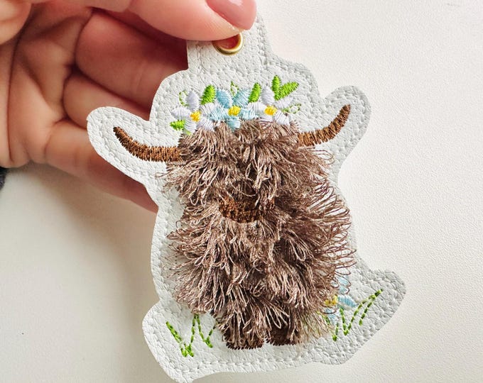Floral Highland Cow Bull Eyelet and Key Fob Snap Tab keychain in the hoop machine embroidery designs ITH kids girls backpack tag gift idea