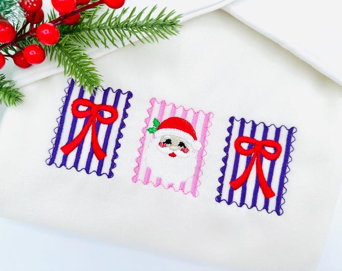 Christmas Santa and Bow Trio machine embroidery designs assorted sizes 5 up to 8 inch holidays festive and versatile design