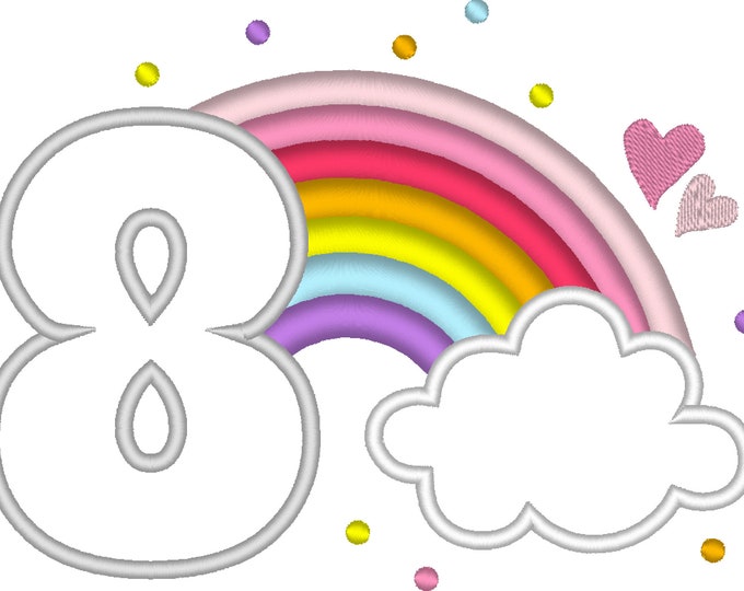 Cute Rainbow Birthday Number 8 EIGHT machine embroidery applique designs size 4, 5 and 6.5 inches, rainbow in clouds children party number 8