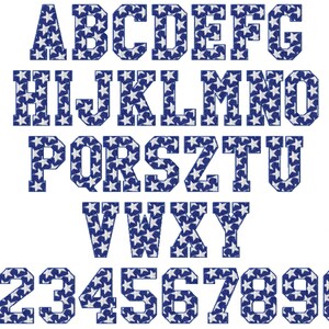 May include: An alphabet and numbers with a star pattern in blue and white. The letters and numbers are in a bold, blocky font.