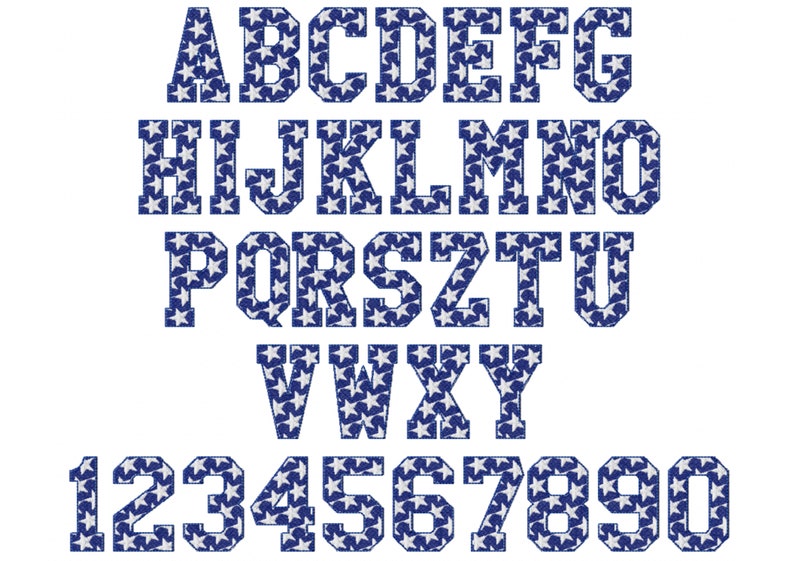 May include: An alphabet and numbers with a star pattern in blue and white. The letters and numbers are in a bold, blocky font.