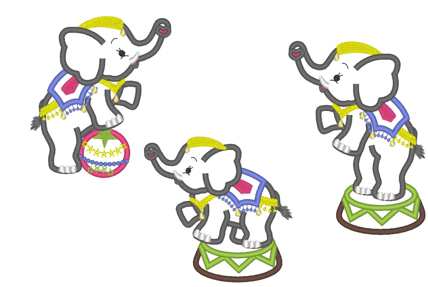 Circus elephants  3 types  machine embroidery applique designs set of