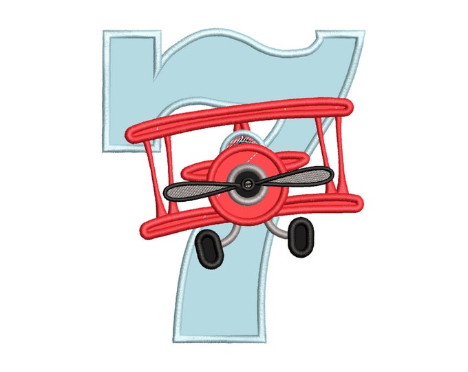 Airplane Birthday number SEVEN 7 Applique machine embroidery designs kids boy shirt Birthday outfit hoop 4x4, 5x7, 6x10 vehicle plane number