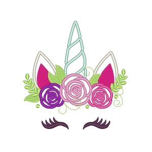 Pretty eyes Unicorn head with shabby chic rose floral crown Applique machine embroidery designs kids girls unicorn face sizes 4 up to 7 inch