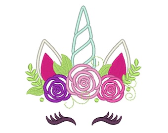 Hübscher Einhorn Kopf mit shabby chic Blumen Krone Einhorn Applikation für die Maße von ca 18 - 18 cm