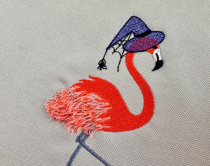 Fringed fluffy chenille Spooky Flamingo bird Witch hat Halloween machine embroidery designs many sizes from 4 to 7 inches girl outfit design