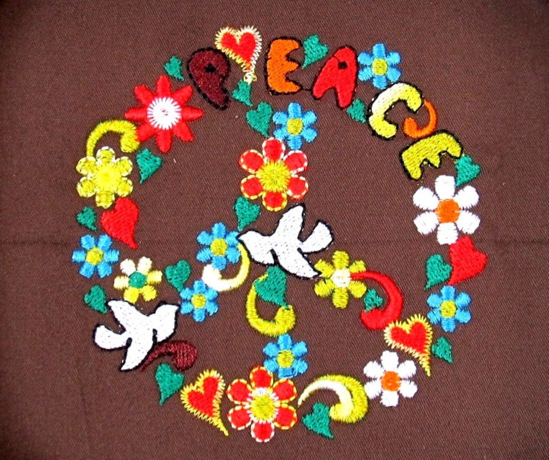 Floral Peace Sign Flowered Peace Flower and Dove Fill Stitch