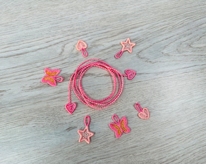 Little Princess Girl friendship bracelet necklace FSL Freestanding lace machine embroidery designs hoop 4x4 star heart butterfly charm ITH