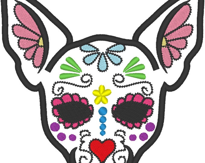 Chihuahua Sugar Skull applique design, dog skull embroidery,  4x4, 5x7 and 6x10
