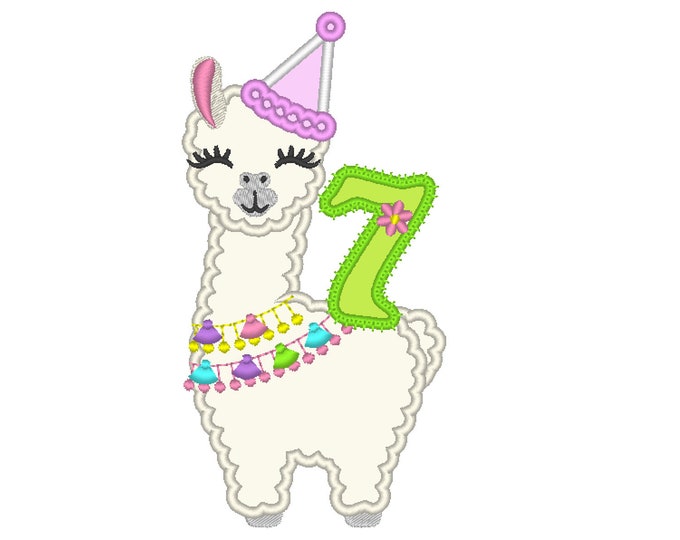 Number 7 SEVEN Birthday Llama alpaca Birthday hat outfit llama with number Applique Design lama machine embroidery designs 5x7 6x10