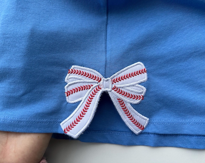 Baseball stitch Bow Applique side bow machine embroidery designs wide ribbon Sports Girly Bow from 4 to 6 inches sweatshirt seam side bow