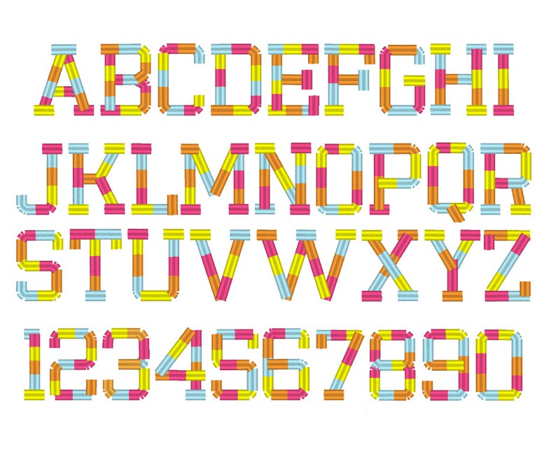 Peut inclure: Un alphabet et des chiffres color&eacute;s, faits de formes rectangulaires ray&eacute;es et color&eacute;es. Les lettres et les chiffres sont soulign&eacute;s de blanc.