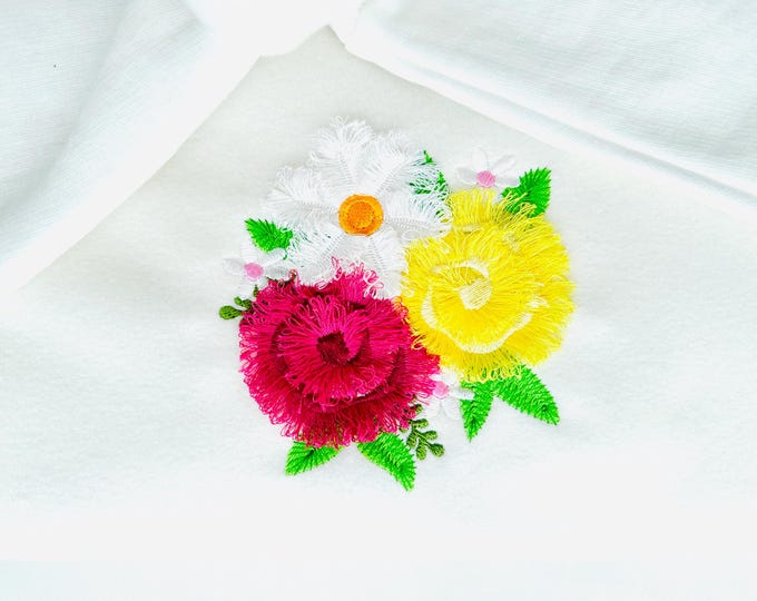 Three Fringed Flower Summer Garden Floral Bouquet fluffy fringe Rose Peony Daisy girls fuzzy machine embroidery designs sizes 4 up to 5 inch