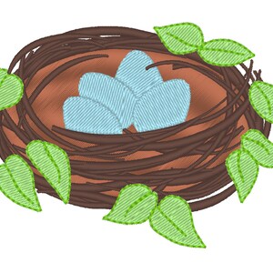 May include: A brown bird's nest with three light blue eggs inside. The nest is made of twigs and is surrounded by green leaves.