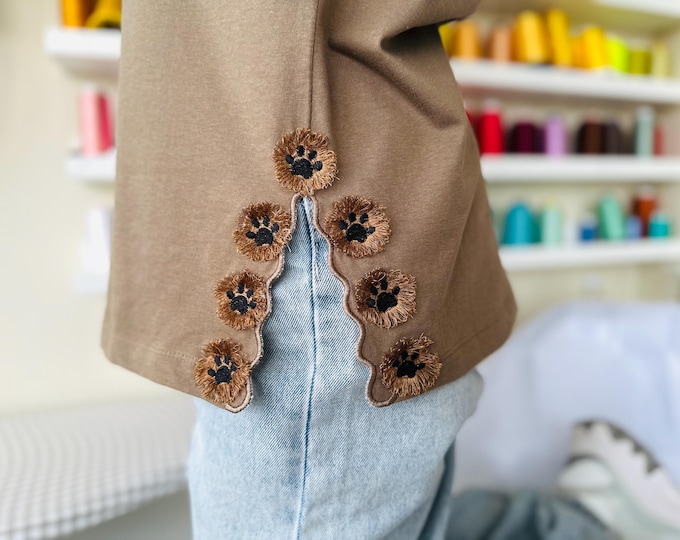 Little Fluffy Paw side seam cutout side bow fringed paws machine embroidery designs dog puppy animal girls tshirt sweatshirt embroidery