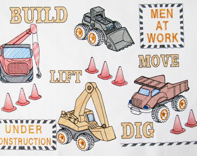 Builder equipment Cat Tractor Digger sketch light stitch machine embroidery designs for hoop 4x4, 5x7, 6x10 kids boy construction vehicle