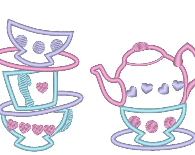 Teapot stacked cup Alice birthday party Mad hatter tea party Applique machine embroidery designs hoop 4x4 5x7 stack of teacup and teapot