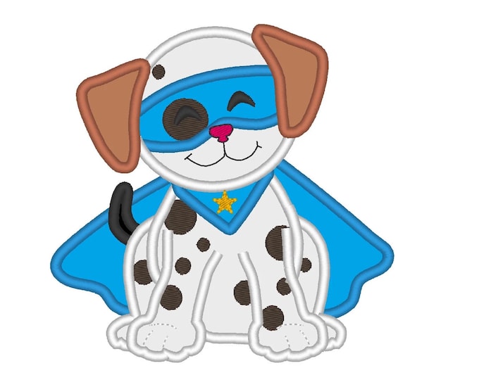 Puppy dog with a super hero mask and cape applique machine embroidery designs, multiple sizes, cute kids superhero pet dog Dalmatian boy