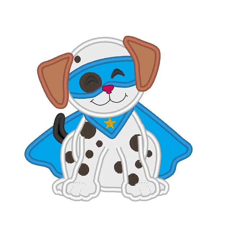 Puppy dog with a super hero mask and cape applique machine embroidery designs, multiple sizes, cute kids superhero pet dog Dalmatian boy by Artapli embroidery format PES HUS JEF EXP DST VIP VP3 XXX instant download