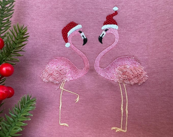 Two Christmas Flamingoes Santa hat Fringed fluffy Flamingo couple machine embroidery designs festive sweater outfit hoodie fringe design