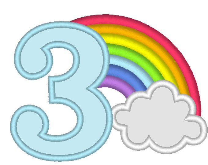 Rainbow in cloud Birthday Number 3 THREE machine embroidery applique designs assorted sizes, kids children toddler third birthday party