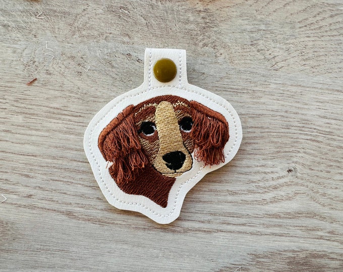 Dachshund key fob snap tab Weenie Dog breed keychain in the hoop machine embroidery designs ITH project Dachshund Dog Mama kids gift idea
