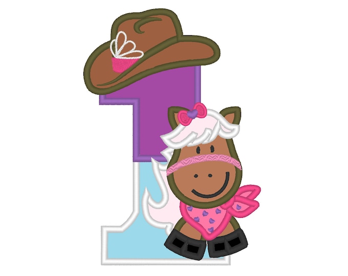 Little Cowgirl Birthday number 1 ONE ONLY - machine embroidery applique designs 5x7 DOWNLOAD