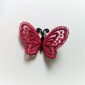 Op de afbeelding: Een rode kant-vlinderapplicatie met zwarte antennes. Deze delicate versiering is perfect om een vleugje whimsy toe te voegen aan knutsel- en naaiprojecten.