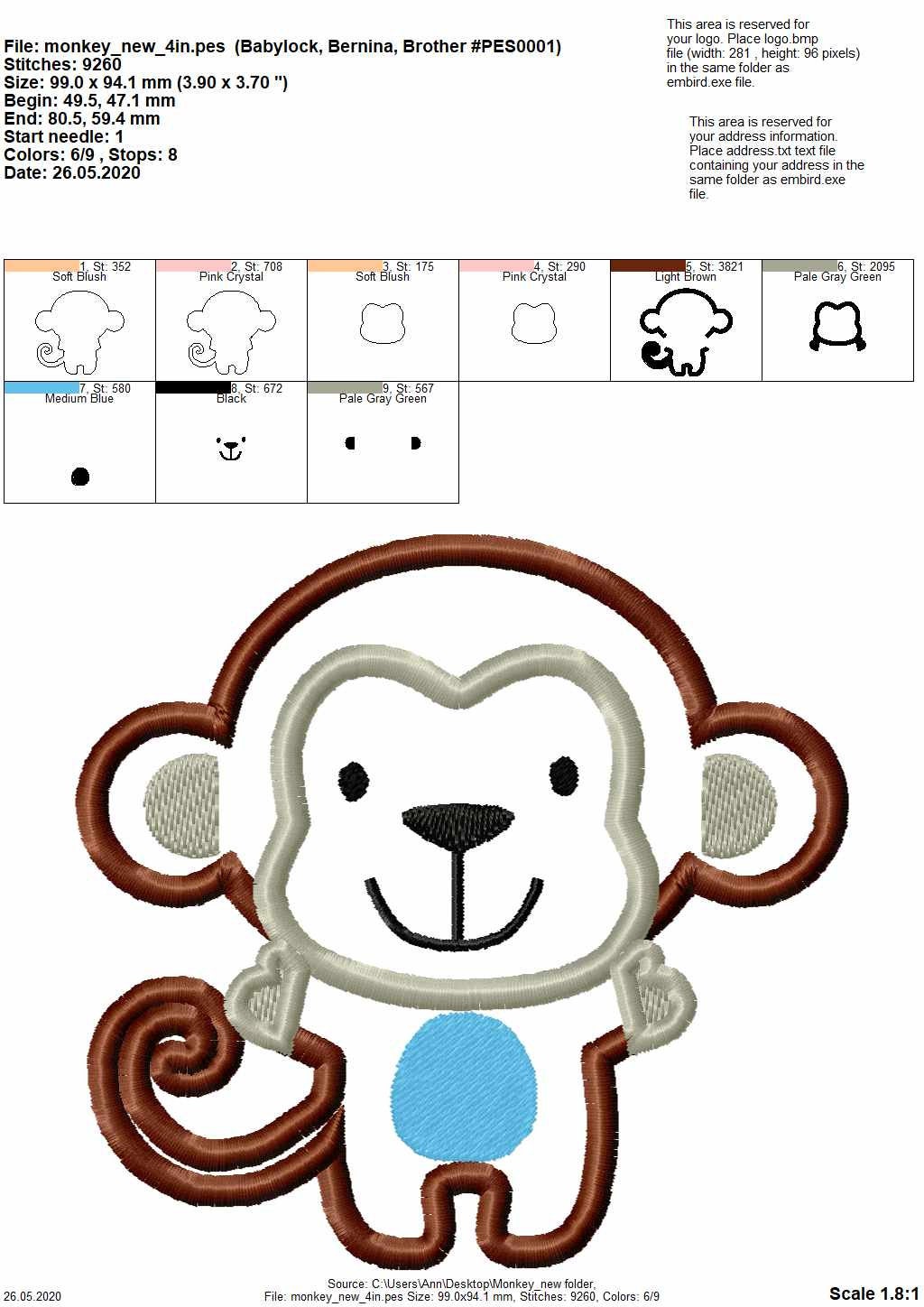 Wild animal Monkey machine embroidery applique designs Monkey