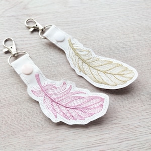 Feather key fob snap tab SET of 3 in the hoop ITH machine embroidery designs 3 types keychain keyfob bag tag embroidery cute ITH project