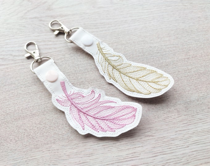 Feather key fob snap tab SET of 3 in the hoop ITH machine embroidery designs 3 types keychain keyfob bag tag embroidery cute ITH project