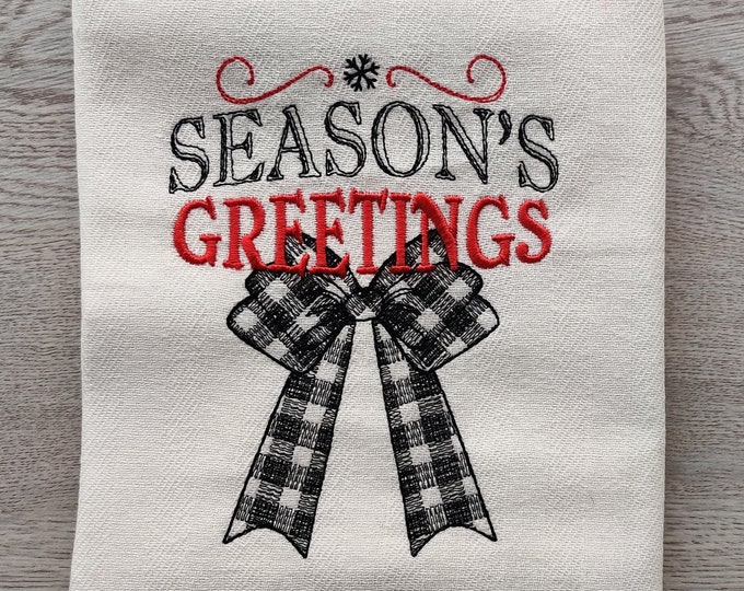 Season's greetings Merry Christmas gingham old fashioned classic Kitchen dish towel quote machine embroidery designs 4x4, 5x7