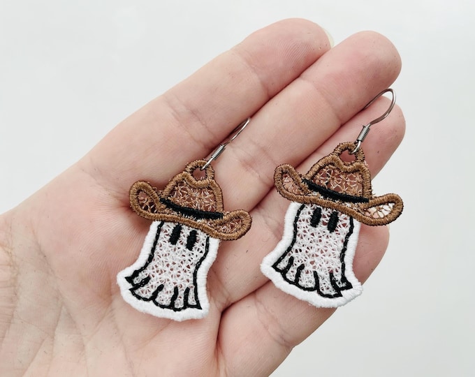 Adorable Ghost Cowboy Hat charm earrings FSL freestanding lace machine embroidery designs kids girls Halloween earrings simply in the hoop