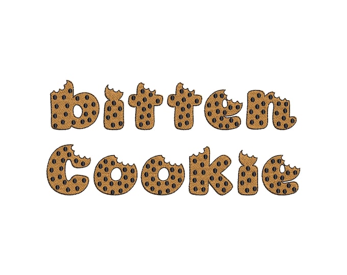 Bitten Cookie FONT chocolate crisps fill stitch Monogram alphabet letters kids baby machine embroidery designs sizes 1, 1.2, 1.4, 1.8, 2 in
