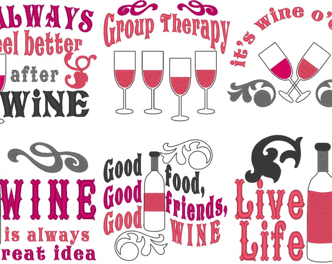 Wine quotes... awesome wine bottle bag embroidery mini designs SET of 6 types machine embroidery designs for hoop 4x4 wine saying quote