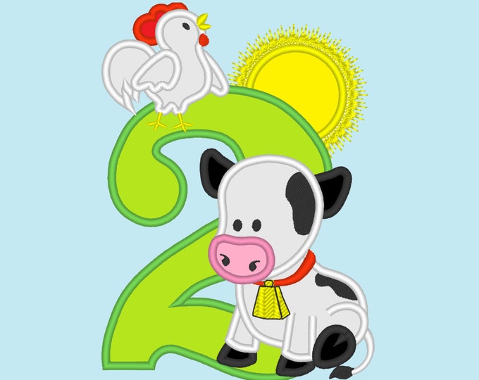 Farm birthday number two 2 with cow and rooster - cute farm theme machine embroidery applique design  5x7