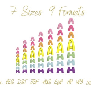 May include: A graphic showing 7 sizes and 9 formats of an embroidery design. The design is a rainbow-colored arch shape. The text below the graphic reads "BX PES DST JEF HUS EXP VIP VP3 XXX".