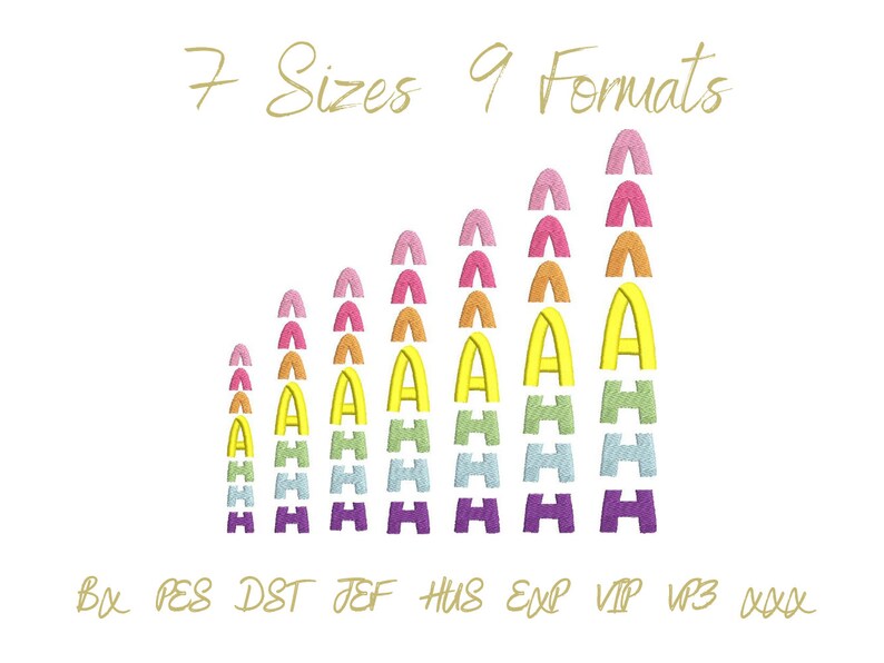 May include: A graphic showing 7 sizes and 9 formats of an embroidery design. The design is a rainbow-colored arch shape. The text below the graphic reads "BX PES DST JEF HUS EXP VIP VP3 XXX".